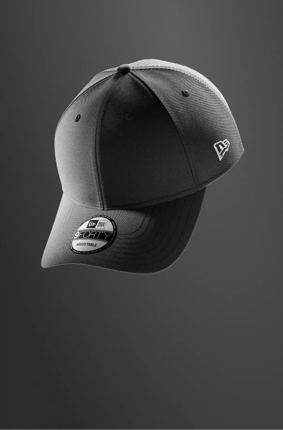 Gray cap with a brand logo on a dark gray background