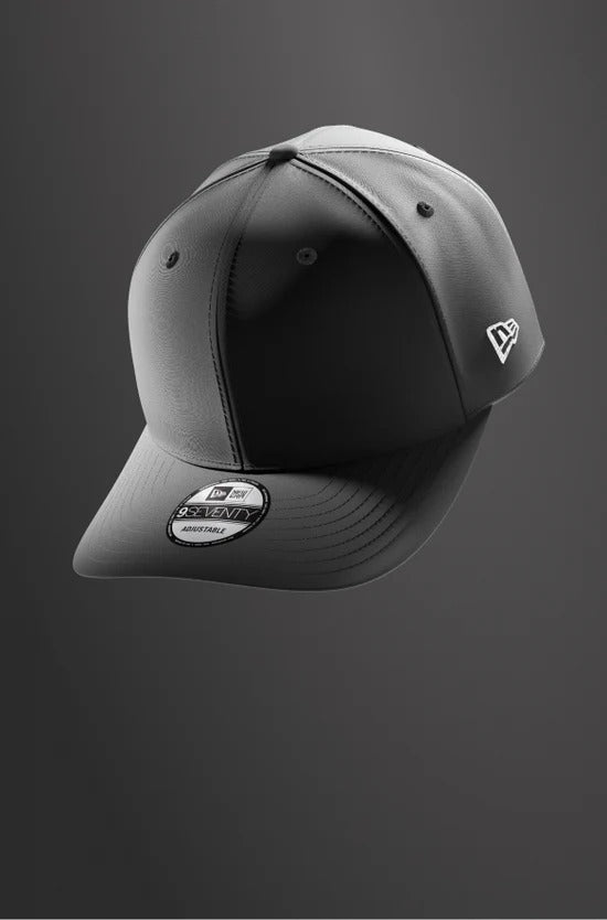 Gray cap with New Era logo on a dark gray background